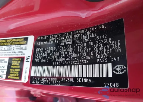 2012 Toyota Camry Le из США, поврежденный, VIN 4T4BF1FK9CR226638